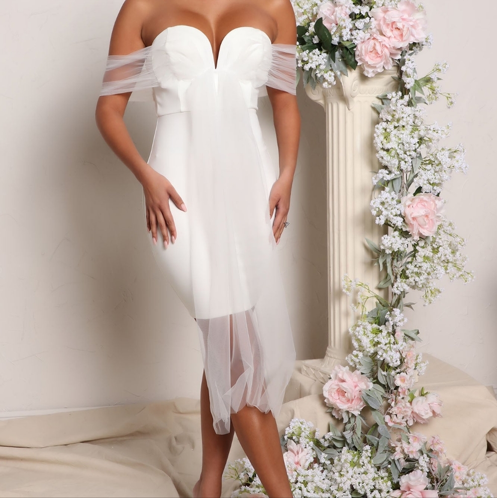 White Bardot Tube Dress w/Tulle Accents